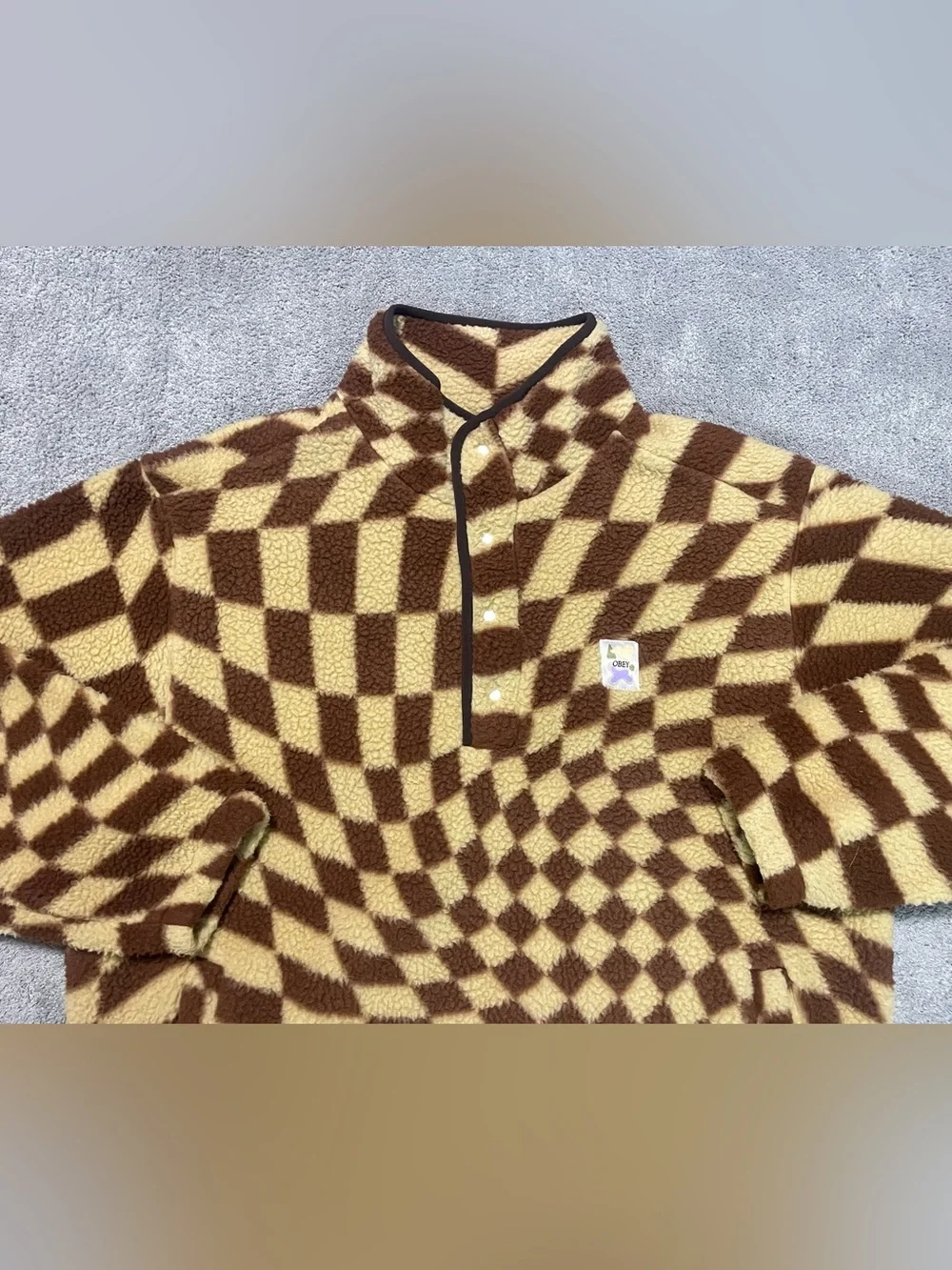 Obey Checkered Fleece Jacket Mens L 1/4 Quarter Snap Pullover Brown Cream